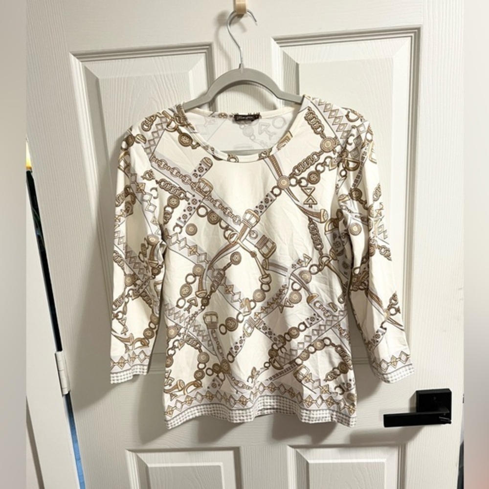 J. McLaughlin Equestrian Belt Print Catalina Cloth Top Sz S ivory